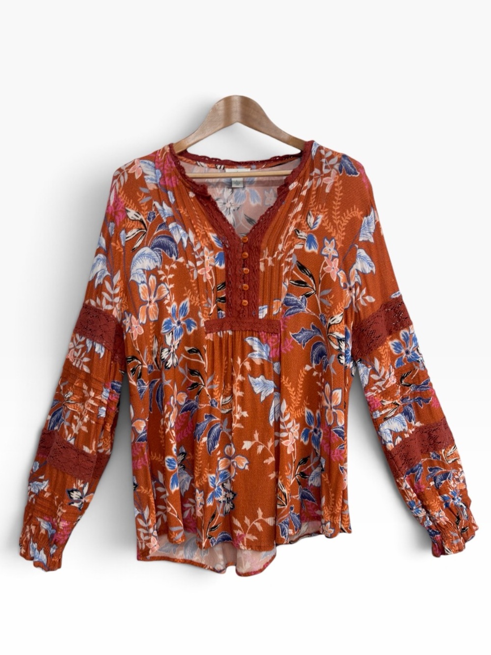 Sundance Floral Spirit Rust Orange Boho Floral Crochet Lace Blouse Tunic Large